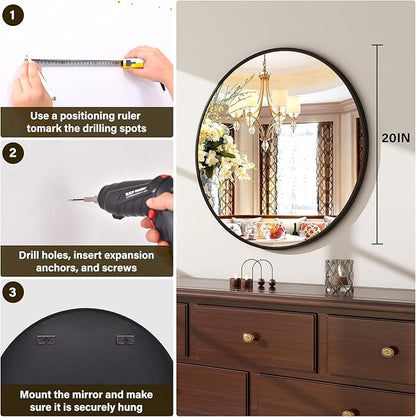 20 Inch Round Mirror - Circle Mirrors for Bathroom, Entryway and Living Room Wall Decor, Modern Hanging Vanity Mirror, Matte Black Circle Decorative Wall Mirror