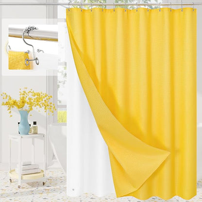 3 in 1 Long Yellow Shower Curtain Set-72 W x 78 H, Modern Waffle and PEVA Liner Set with 12 Stainless Steel Hooks, Waterproof Fabric for Bathroom