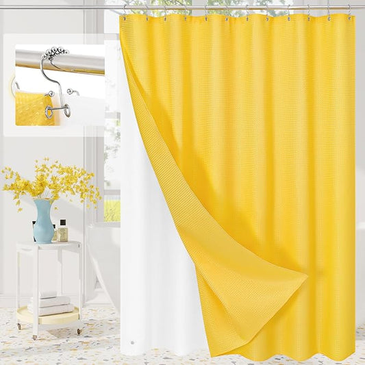 3 in 1 Long Yellow Shower Curtain Set-72 W x 78 H, Modern Waffle and PEVA Liner Set with 12 Stainless Steel Hooks, Waterproof Fabric for Bathroom