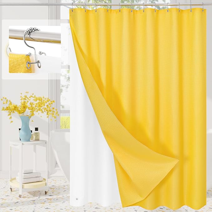3 in 1 Shower Curtain Set, Yellow Waffle Shower Curtain and PEVA Liner Set with 12 Stainless Steel Shower Curtain Hooks, Waterproof Shower Curtains for Bathroom, 72 W x 72 H