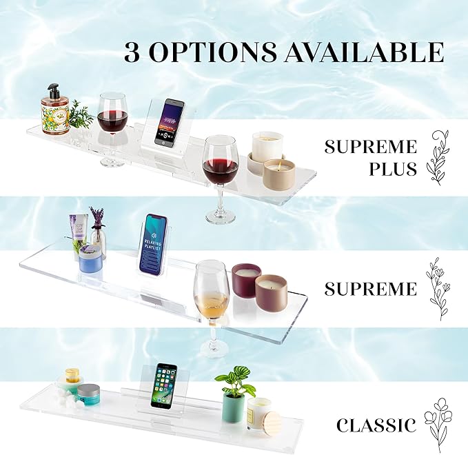 34" Supreme - Clear Acrylic Bathtub Tray Caddy Tub Shelf, Spa Board Luxury Bathroom Bath tub Table, Fits Across Bathtubs, Book, iPad and Wine Glass Holder (Supreme, 34")