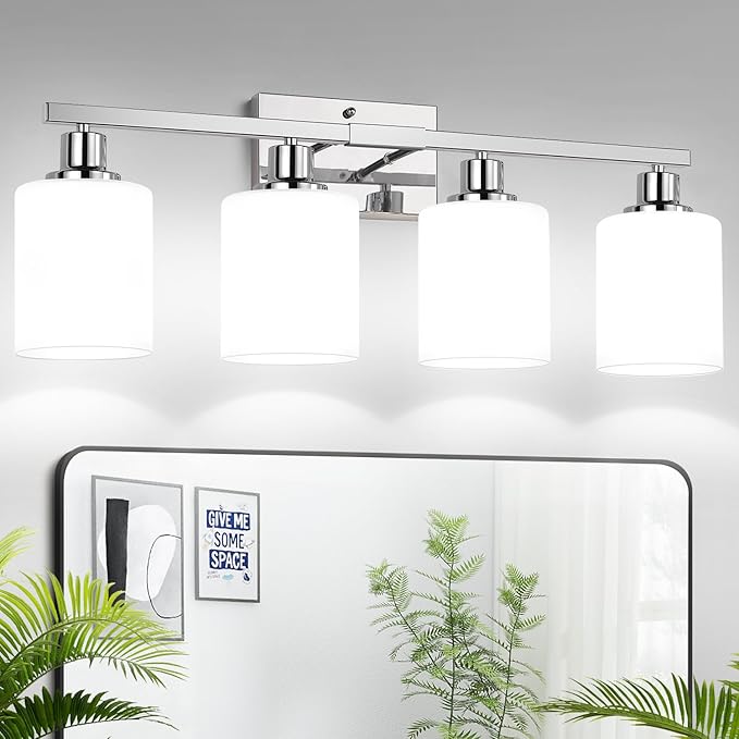 4-Light Vanity Light with Milky White Shades, Chrome Bathroom Lighting Fixtures Over Mirror, Modern Bathroom Wall Lamp for Mirror Living Room Cabinet Bedroom