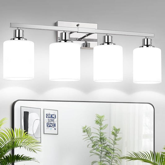 4-Light Vanity Light with Milky White Shades, Chrome Bathroom Lighting Fixtures Over Mirror, Modern Bathroom Wall Lamp for Mirror Living Room Cabinet Bedroom