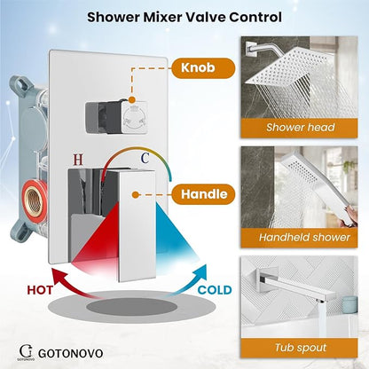 gotonovo Shower System with Tub Spout Wall Mounted Rain Shower Head and Handle Combo Shower Faucet Set with Valve, 8 Inch, Polish Chrome