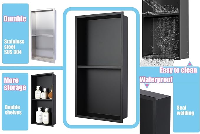 No Tile Needed Shower Niche for Bathroom Storage,Recessed Wall Niche,Double Shelves,Stainless Steel(Black, 24 * 12 in)