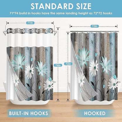 No Hook Rustic Farmhouse Shower Curtain with Snap in Fabric Liner Set, Teal Daisy Flowers and Butterfly on Wooden Double Layers Waterproof with See Through Top Bath Curtain 71x74 Inch