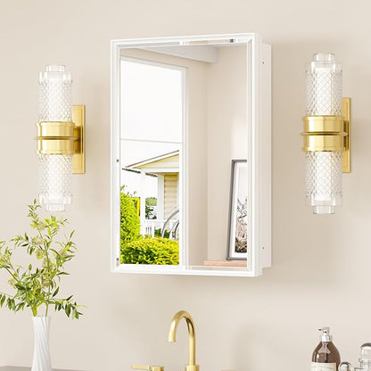 TETOTE White Medicine Cabinet 16" x 24" Bathroom Mirror with Storage Stepless Adjustable Shelves Beveled Aluminum Framed Modern Farmhouse Medicine Cabinets Recessed or Wall-Mounted