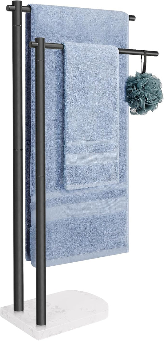 Livabber Standing Towel Rack, 304 Stainless Steel 2-Tier Towel Holder Stand with Marble Base, Modern Stylish Tall Shower Towel Bar for Bathroom Accessories, Pool（Black）