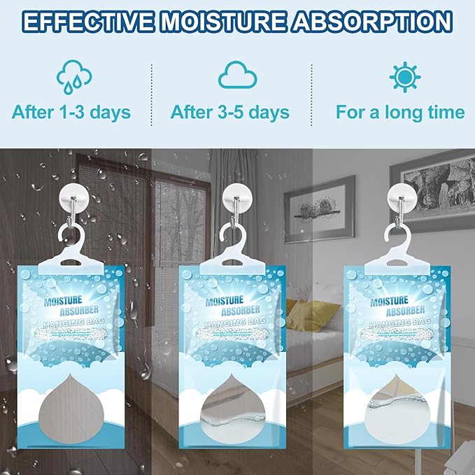 Moisture Absorbers Packets - Hanging Moisture Absorbers Dehumidifier Bags for Closet Bathroom Kitchen, Fragrance Free Humidity Absorber Packs, Removes Moisture & Odors, 12 Pack