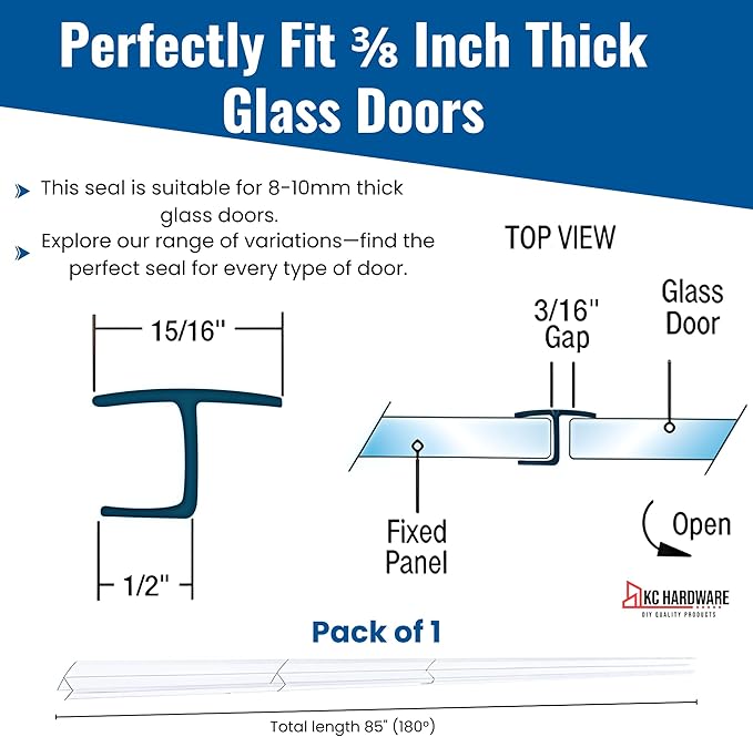 CBW Frameless Shower Door Side Seal Strip H-Type 180 Degree 85'' Length, Clear (1, 3/8'' Glass)
