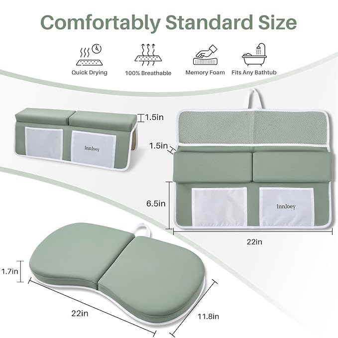 Baby Bath Kneeler and Elbow Rest Pad Set, 1.6'' Thick, Quickly Dry, Bathtub Kneeler Pad with Baby Toys & Bath Accessories Storage, Bath Kneeling Pad and Elbow Pad for Baby Tub Green