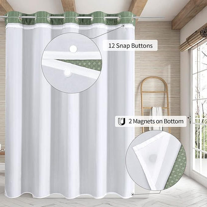 MitoVilla No Hooks Needed Extra Long Shower Curtain Liner Set, Sage Green 86 inch XL Waffle Fabric Shower Curtains Set with Snap-in Liner for Luxury Hotel Grade & Spa-Like Bathroom Decor
