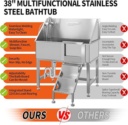 38" Dog Washing Station Large Dogs Grooming Tub Professional Stainless Steel Dog Bathtubs Bathing Tub Pet Washing Station for Home with Steps,R-Door