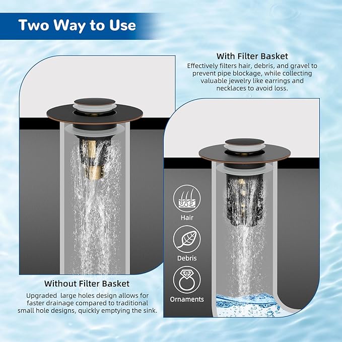 Hibbent Upgraded 3 in 1 Bathroom Sink Drain Strainer, Universal Pop Up Stopper with Removable Stainless Steel Filter Basket Hair Catcher, Sink Plug for 1.1''~2.36'' Basin, Oil-Rubbed Bronze