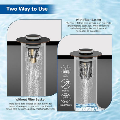Hibbent 3 Pack Upgraded 3 in 1 Bathroom Sink Drain Strainer, Universal Pop Up Stopper with Removable Stainless Steel Filter Basket Hair Catcher, Sink Plug for 1.1''~2.36'' Basin, Oil-Rubbed Bronze