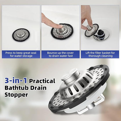 Universal Bathtub Drain Stopper Shower Drain Hair Catcher, Tub Stopper with Visible Top Strainer, Upgraded 3 in 1 Pop-up Drain Plug Fit for 1.5 to 2.4" Hole, Stainless Filter Basket, Brushed Nickel