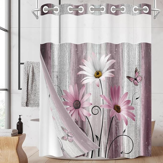 No Hook Flower Daisy Shower Curtain with Snap in Fabric Liner Set, Pink Rustic Farmhouse Double Layers Waterproof Fabric with See Through Top Window Open Grommet Bath Curtain 54x80 Inch
