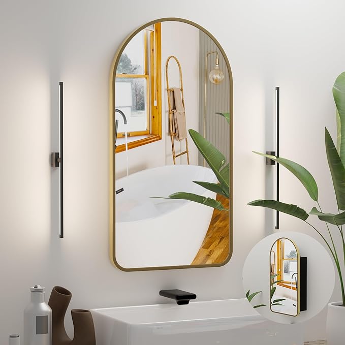 Arched Bathroom Medicine Cabinet with Mirror, No Assembly Needed, Recessed or Surface Mount Wall Storage Cabinet, Mirror Cabinet with Tissue Slot & 2X Magnifying Mirror (Gold, 29.5"L x 15.7"W)