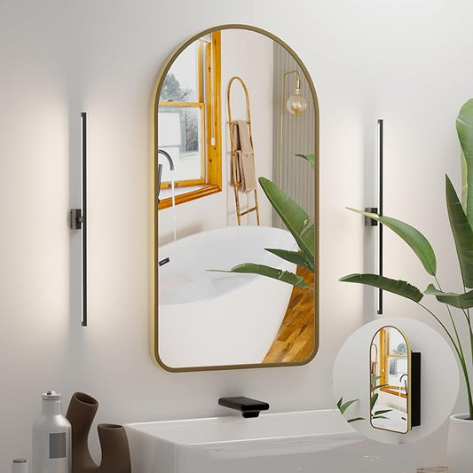 Arched Bathroom Medicine Cabinet with Mirror, No Assembly Needed, Recessed or Surface Mount Wall Storage Cabinet, Mirror Cabinet with Tissue Slot & 2X Magnifying Mirror (Gold, 29.5"L x 15.7"W)
