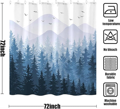 Aipon Blue Misty Forest Shower Curtain Ombre Nature Tree Plants Shower Curtains Fabric Waterproof Mountain Shower Curtain Sets for Bathroom Bath Decor with 12 Hooks (Blue, 72'' × 72'')