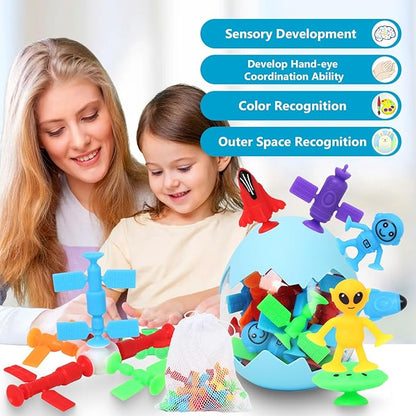 Suction Bath Toys for Kids, 20 Pcs No Hole Outer Space Bath Toy with Eggshell & Bag, Silicone Suction Cup Toys, Sensory Window Building Toys for Toddlers Boys Girls 3 4 5 6 Year Old