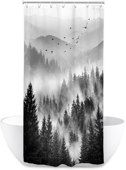 Riyidecor Black and White Shower Curtain 36Wx72H Inch Mountain Rustic Pine Tree Stall Half Small Rv Single Stand Up Camper Narrow Scenery View Bathroom Decor Fabric Polyester Waterproof 7 Pack Hooks