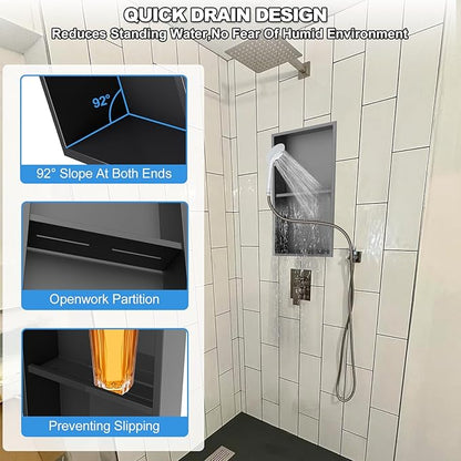 304 Stainless Steel Shower Niche Insert-24 x 12" No Tile Needed Bathroom Niche for Shower Wall-Double Shelves Built in Shower Shelf-Waterproof Recessed Cabinet for Bathroom Living Room Study Kitchen