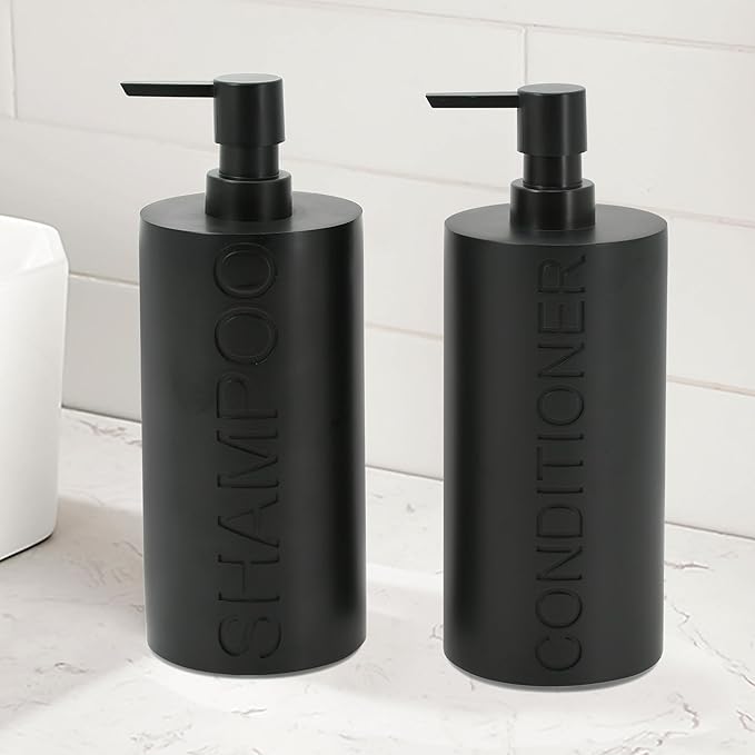 2-Pack Matte Black Resin Refillable Shampoo & Conditioner Bottles – Modern Bathroom Pump Dispenser Set, Durable Resin Shower Containers with Embossed Labels, Reusable Pump Bottle