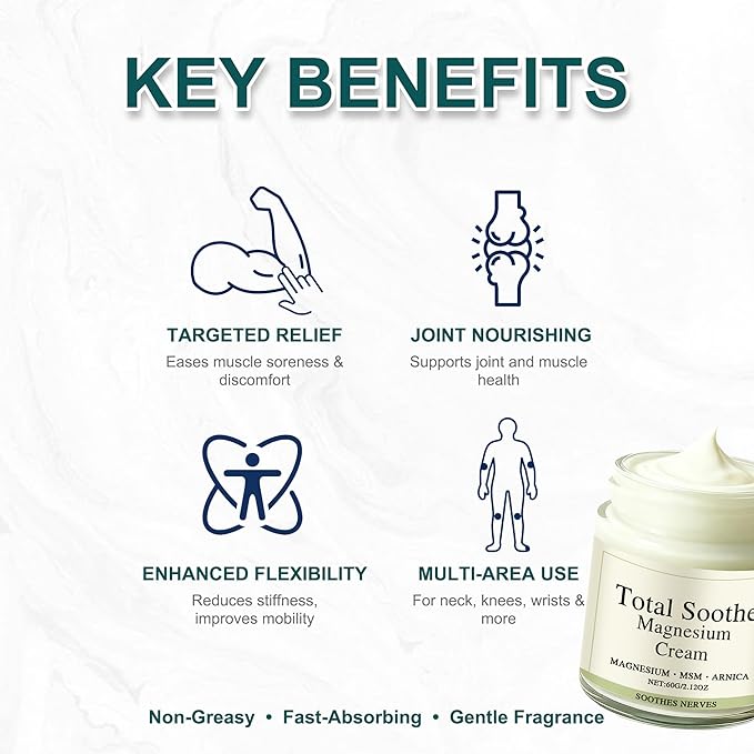 Total Relief Magnesium Cream, Magnesium Arnica Soothes Cream with Mineral Delivery Formula, MSM & Arnica Fast-Absorbing, Non-Greasy Joint Relief for Everyday Joint & Muscle Comfort (1 pcs)