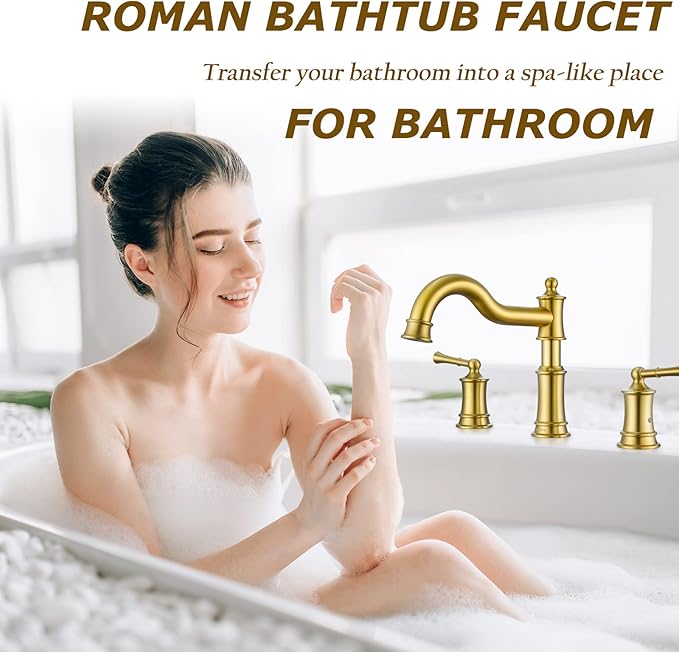 Roman Bathtub Faucet Deck Mount Tub Faucet for Bathroom Widespread Elegant Classic Spout with 3 Holes 2 Handle Valve Cartridge Included,Brush Gold