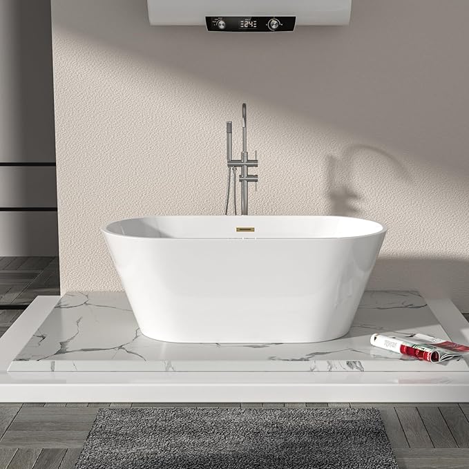 Logmey 59 In White Acrylic Freestanding Bathtub Oval Shape Soaking Tub with Gold Drain & Overflow Assembly for Classic and Modern Bathrooms