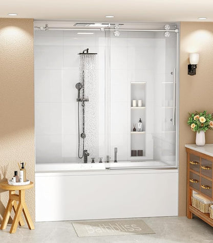 Bathbliss Glass Shower Door 56"-60" Wx60 H,Frameless Sliding Glass Door with 5/16"(8mm) Tempered Glass Shower with Brushed Nickel Finish