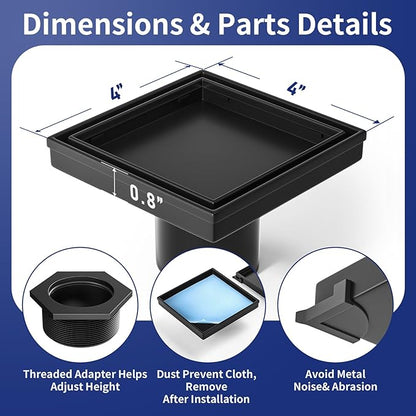 Square Shower Drain 4", Matte Black Floor Drain with Tiled Insert Grate & Hair Strainer, 304 Stainless Steel Bathroom 2-in-1 Tiled in Drain, CUPC Certified (Matte Black, 4'')