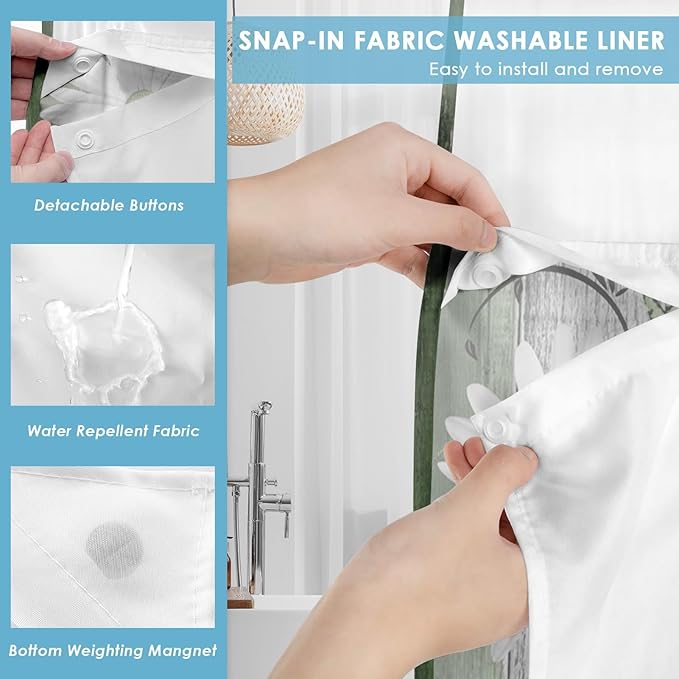 No Hook Green Daisy and Butterfly Shower Curtain with Snap in Fabric Liner Set, Rustic Farmhouse Double Layers Waterproof Fabric with See Through Top Window Open Grommet Bath Curtain 71x86 Inch