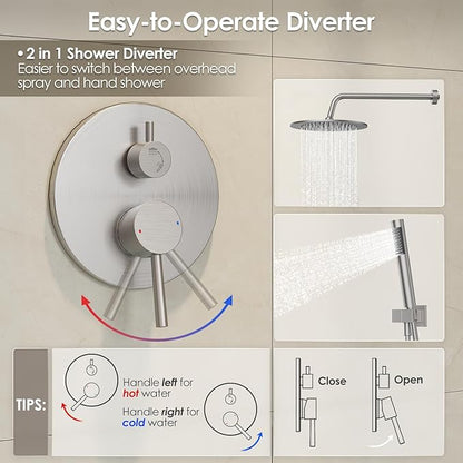 Gabrylly Shower System, Wall Mounted Shower Faucet Set with Shower Valve, High Pressure 10" Rain Shower head with Handheld Spray Combo, 2 Way Rainfall Shower Head Set, Brushed Nickel