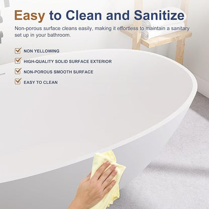 SJ STAR&JANE 71" x 35" SJ STAR&JANE Solid Surface Freestanding Bathtub Stone Resin Oval Soaking Tub Stand Alone Tub with Pop-up Drain & Overflow Matte White
