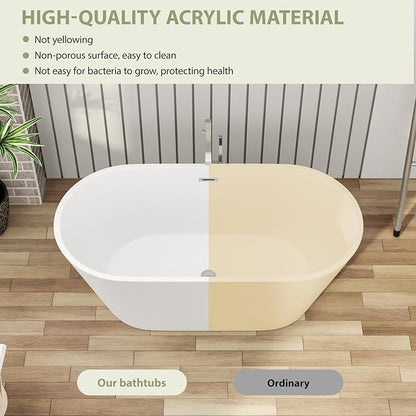 Mocoloo 59 Inch Freestanding Bathtub - Acrylic Soaking White Tub for Bathroom Stand Alone Ergonomic Modern Bathtub with Overflow and Stianless Offset Drain