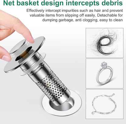 Bathroom Sink Drain Strainer,Universal Pop-Up Sink Stopper Hair Catcher, Stainless Steel Anti-Clog Drain Filter Basket, Removable Sink Drain for Bathroom Sink Stopper Replacement (Silver-4pcs)