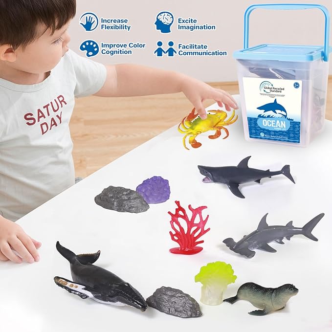 Ocean Sea Animal Figure Toys for Kids 3-5, Realistic Sea Life Figures Animal Creature Sand Toys Beach Bath Playset Include Shark Whale Corals Seagrass Crab Octopus Turtle for Toddler Boys & Girls