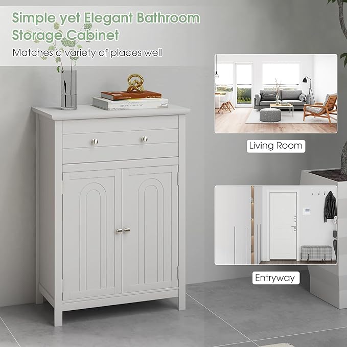 LOKO Bathroom Floor Cabinet, Kitchen Storage Cabinet with 1 Drawer, 2 Doors & 3-Position Adjustable Shelf, 2-Door Floor Storage Cabinet for Bathroom, Living Room, Entryway (White)