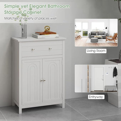 LOKO Bathroom Floor Cabinet, Kitchen Storage Cabinet with 1 Drawer, 2 Doors & 3-Position Adjustable Shelf, 2-Door Floor Storage Cabinet for Bathroom, Living Room, Entryway (White)