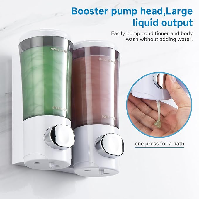 Shampoo and Conditioner Dispenser No Drill Shower Soap Dispenser Wall Mounted Shower Dispenser 2 Chamber with Upgrade Smooth Pump Head Bathroom Body Wash Soap Dispenser Set 450ml*2 White