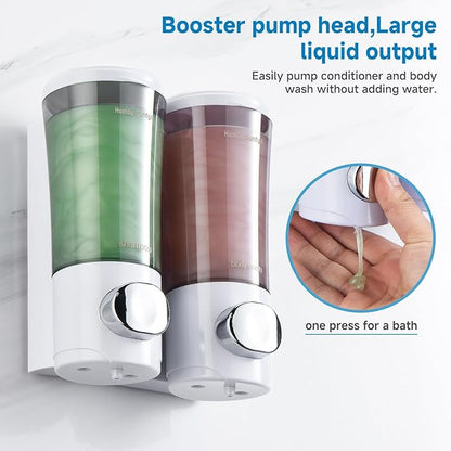 Shampoo and Conditioner Dispenser No Drill Shower Soap Dispenser Wall Mounted Shower Dispenser 2 Chamber with Upgrade Smooth Pump Head Bathroom Body Wash Soap Dispenser Set 450ml*2 White