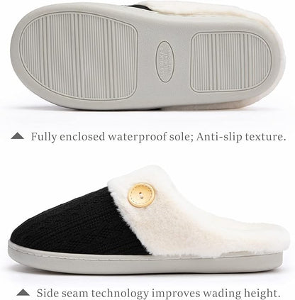 Chantomoo Womens Slipper Warm Comfy Memory Foam House Slippers Knitted Shoes Faux Fur Lined Anti-Skid Rubber Sole Bedroom Cozy Indoor Outdoor Slippers