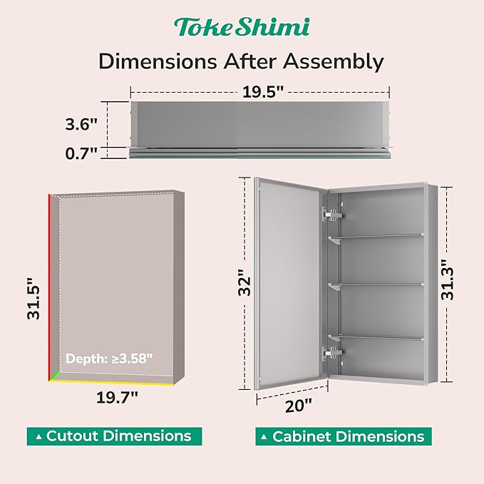 TokeShimi 20x32 Bathroom Cabinet Mirror Tempered, Aluminum Silver Recessed Medicine Cabinet with Mirror Frameless Stepless Adjustable Shelf, Surface Mount Medicine Cabinet for Bathroom
