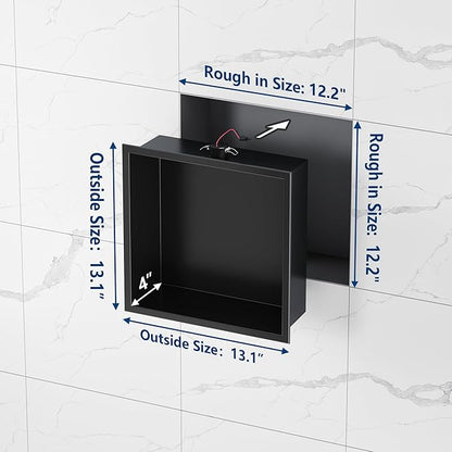 Neodrain 12X12Inch Shower Niche with Non-dimmable LED Downlight, Matte Black Wall Niche Stainless Steel No Tile Needed Recessed Niche for Bathroom Storage