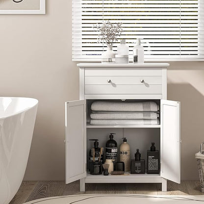 Giantex Bathroom Storage Cabinet with Drawer - Floor Cabinet with Doors, Adjustable Shelf, Storage Organizer for Entryway, Laundry Room, Kitchen, Living Room, Bedroom, Freestanding Cupboard (White)