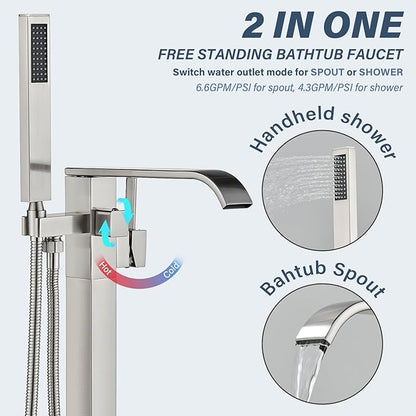 Freestanding Bathtub Faucet Brushed Nickel Tub Filler Floor Mount Single Handle Brass Tap with Handheld Shower and Swivel Mixer Spout