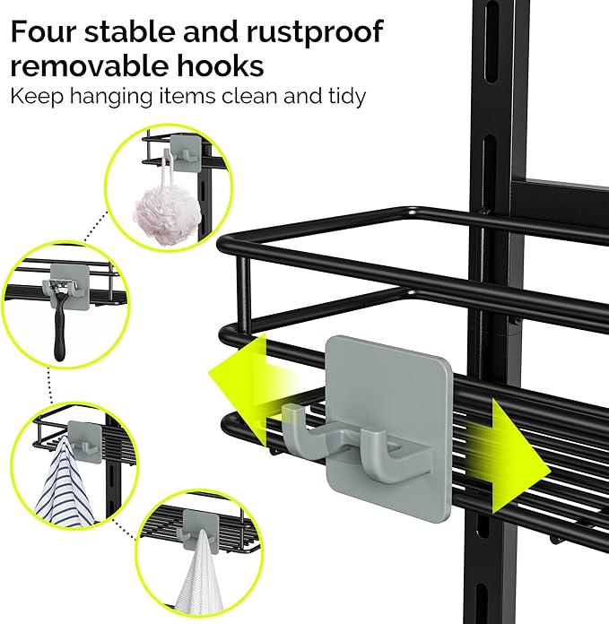 Orimade Over The Door Shower Caddy Adjustable 4 Tier Black,Bathroom Hanging Organizer Shelf Rustproof with 4 Hooks,Shower Basket with Soap Holder and Suction Cup
