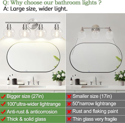 4-Light Bathroom Light Fixtures, Brushed Nickel Modern Vanity Lights Over Mirror with Clear Glass Globe Shade, Bathroom Wall Sconces for Mirror Kitchen Living Room Hallway Cabinet Bedroom Porch